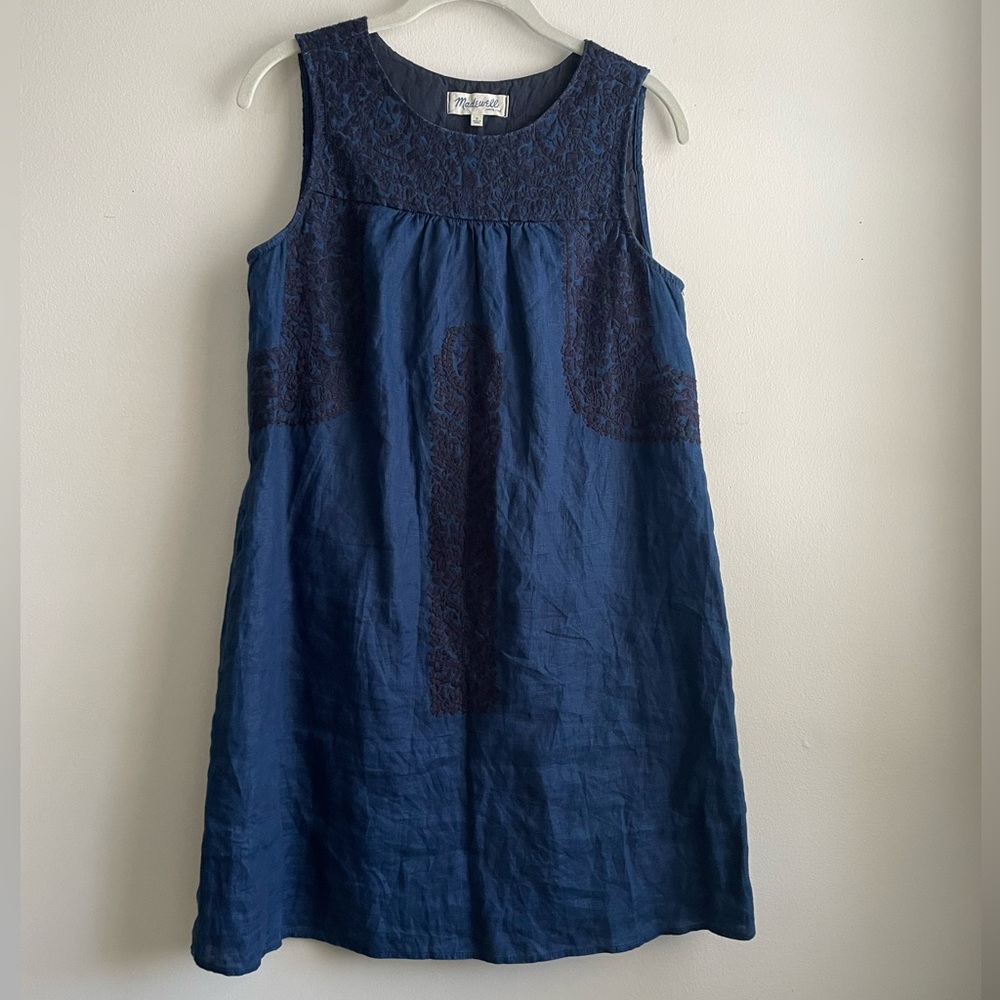 Madewell 100% Linen Embroidered Blue Dress Size S